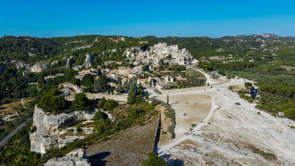 Aerial shot of the village of Baux-de-Provence in France. Tourist French town located on a rocky...