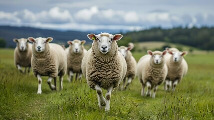 Fototapeta premium Sheep running through a lush green field on a cloudy day