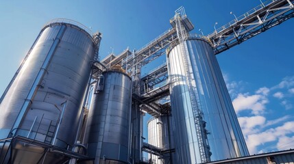 Industrial silos against a clear blue sky on a sunny day