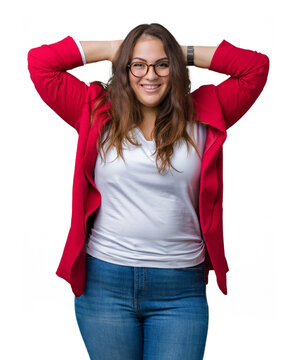 Beautiful plus size young business woman wearing elegant jacket and glasses over isolated background Relaxing and stretching with arms and hands behind head and neck, smiling happy