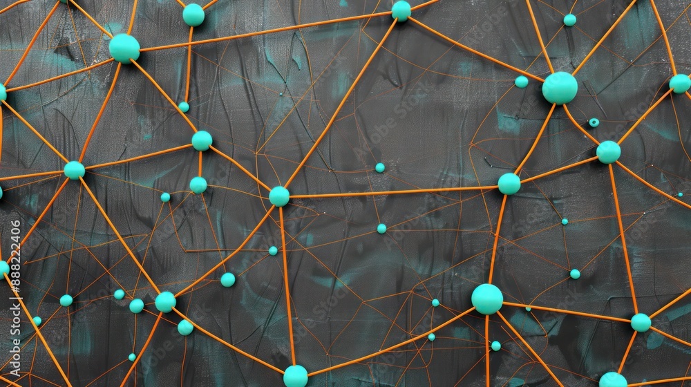 Poster pale turquoise dots connected by rust orange lines on a dark gray canvas, with a clear area for text