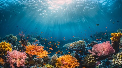 Obraz premium Colorful coral reef ecosystem underneath sunlight in clear ocean water