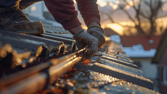 Skilled Worker Installing Gutter System: Plumber on Roof with Plastic Pipe in Morning Light