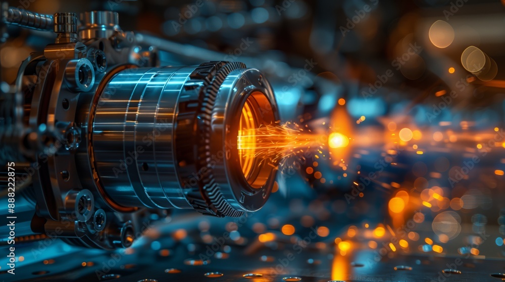 Poster close-up image showing ionization process within a metal device, highlighting intense energy release