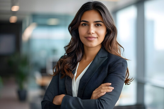 successful confident arabian hispanic smiling latino indian businesswoman worker lady boss female leader business woman posing hands crossed looking at camera in office corporate portrait