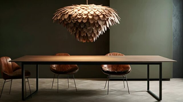 Modern layered textures lamp, dining table, wabi sabi interior design	
