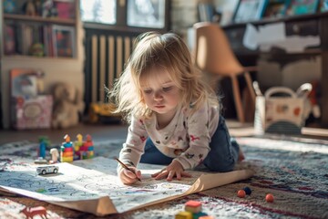 Cute little girl drawing colorful pictures with crayons at home, happy and creative activity, children's creativity concept
