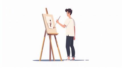 Young Man Painting in Minimalist Flat Design Illustration with Easel and Paintbrush
