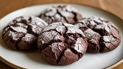 Fototapeta premium Deliciously cracked chocolate cookies dusted with powdered sugar