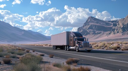 Obraz premium A transport semi-truck effortlessly crossing the expansive terrain of the southwest United States, a representation of logistics, freight, and delivery.