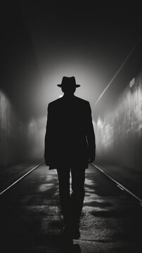 A man in a fedora walks down a dark, deserted street. The scene is lit by a few streetlamps, and the man's silhouette is clear against the fog.