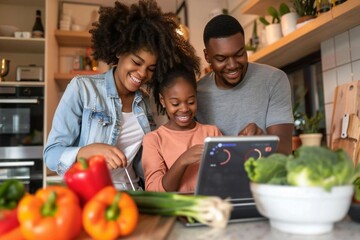 Young African American Woman Learning Technology in Kitchen with Parents