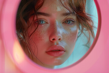 A minimalist image of a woman's face reflected in a small round mirror, with her reflection merging into a pastel pink background.