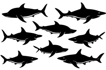 Shark silhouette vector set, Set of shark Silhouette isolated on white background


