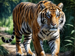 Obraz premium Endangered Majesty: A Tiger Roams Free in its Threatened Natural Habitat. A Glimpse of an Endangered Tiger in its Wild Sanctuary. generative AI