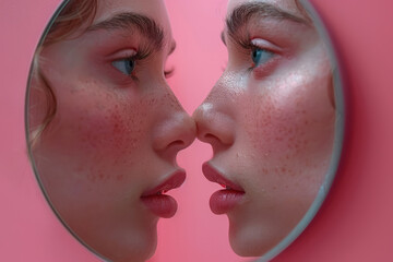 Obraz premium A minimalist image of a woman's face reflected in a small round mirror, with her reflection merging into a pastel pink background.