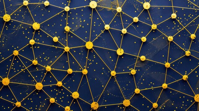 Golden yellow dots connected by lemon yellow lines on a rich navy canvas, central text space