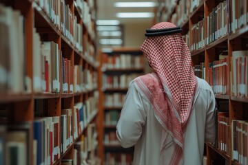 A man wearing traditional Arab clothing browses bookshelves in a library, walking down a row of books.
