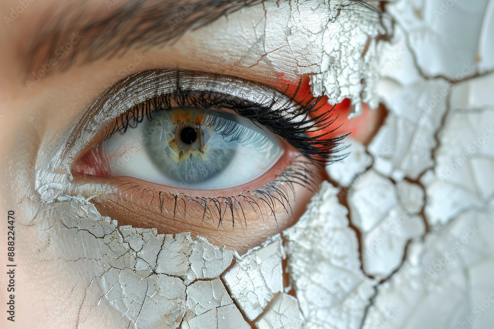 Poster a surreal image of a woman's eye reflected in a cracked mirror, with the reflection creating abstrac