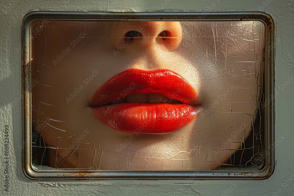 Aufkleber a minimalist scene of a woman's lips reflected in a small rectangular mirror, with the reflection bl