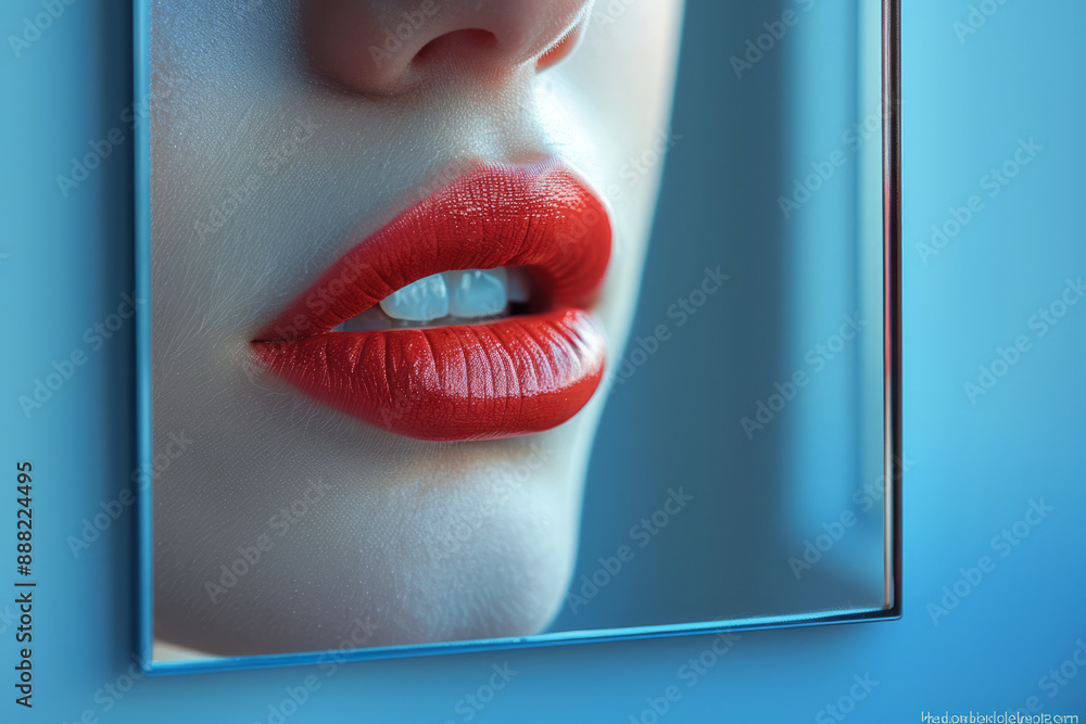 Aufkleber a minimalist scene of a woman's lips reflected in a small rectangular mirror, with the reflection bl
