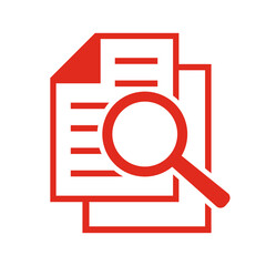 Dokument z lupą. Ikona kontroli i wyszukiwania dokumentów.