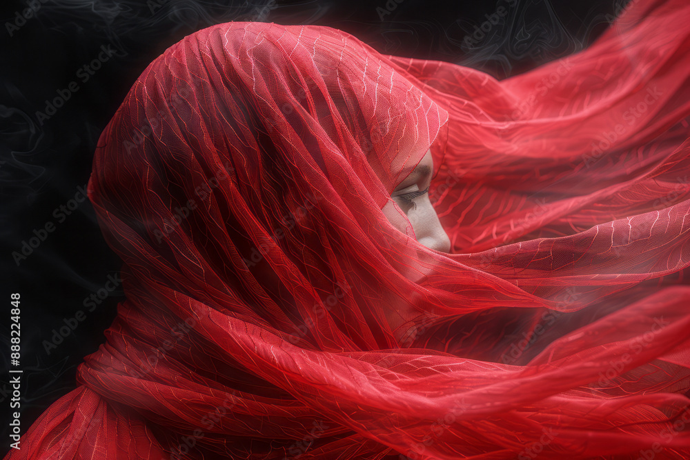 Poster an abstract image of a woman in a red niqab, with parts of the fabric transforming into delicate, fl
