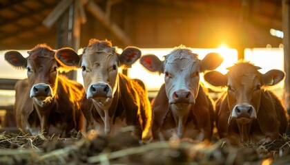 Four cows lie in a barn, their heads raised as they graze in the warm light of the setting sun.