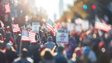 Background blur of crowd at political rally in the United States holding signs and carrying US flags. Great image for upcoming election cycle in 2024 presidential campaigns. Copy space