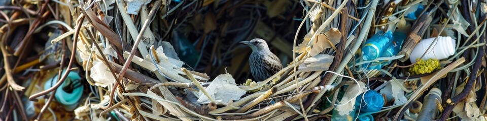 Nest of Nature Disturbed: A Thought-Provoking Image of a Bird's Nest with Plastic Pollution, Highlighting the Impact on Wildlife and the Need for Environmental Conservation