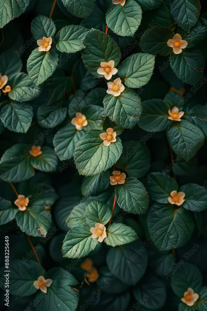 Poster a surreal background with cascading green leaves and delicate flowers forming an intricate pattern o