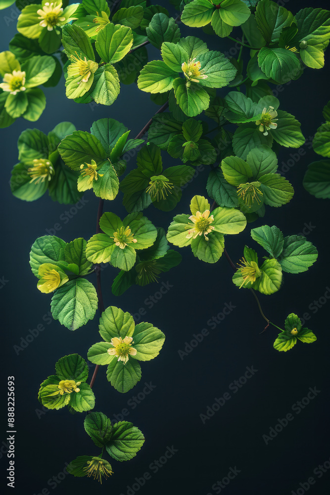 Poster a surreal background with cascading green leaves and delicate flowers forming an intricate pattern o