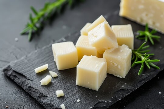 White cheddar cheese cubes served on a black slate plate