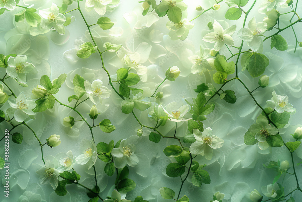 Poster an abstract art background with delicate, intricate patterns of green vines and flowers dissolving i
