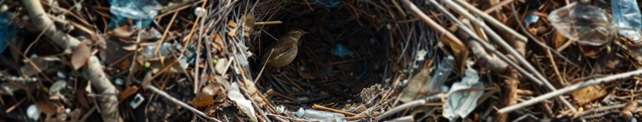 Nest of Nature Disturbed: A Thought-Provoking Image of a Bird's Nest with Plastic Pollution, Highlighting the Impact on Wildlife and the Need for Environmental Conservation