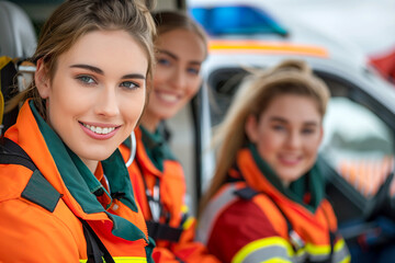 Obraz premium portrait of female paramedics and nurses in ambulance smiling at camera
