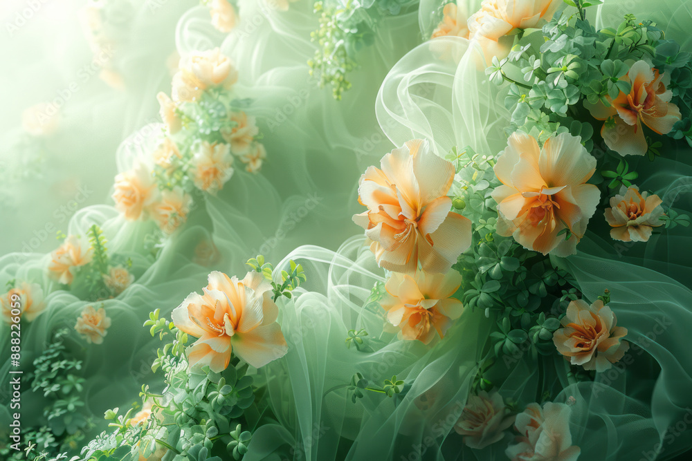 Poster an abstract art background featuring intricate, fractal-like patterns of greenery and flowers dissol