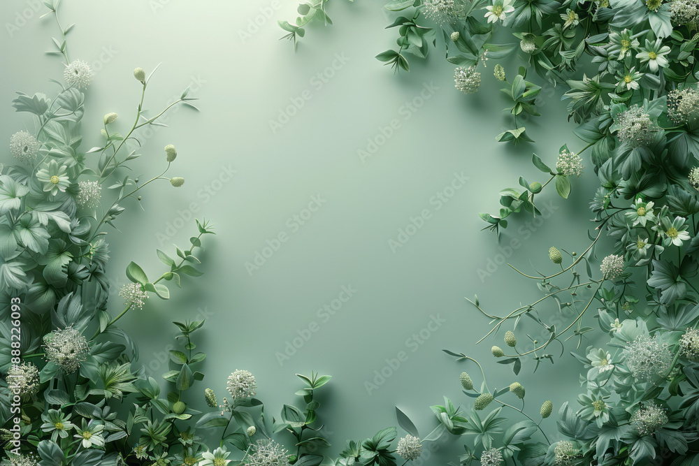 Poster an abstract art background featuring intricate, fractal-like patterns of greenery and flowers dissol