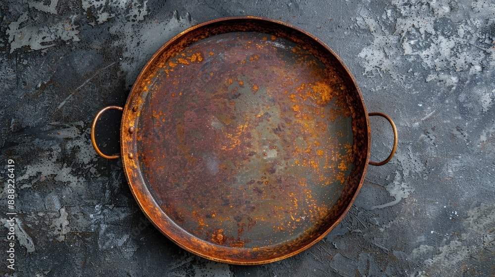 Poster isolated top view of a round metal tray with handles showing signs of rust and emptiness