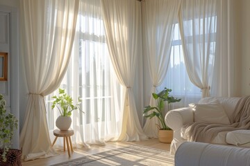 White ring top rail curtains living room interior decoration