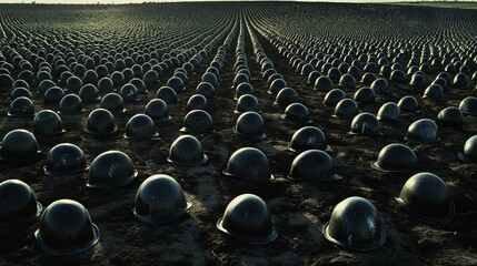 Obraz premium A vast field, seemingly endless, is covered with rows upon rows of military helmets, placed close together, creating a powerful and somber scene.