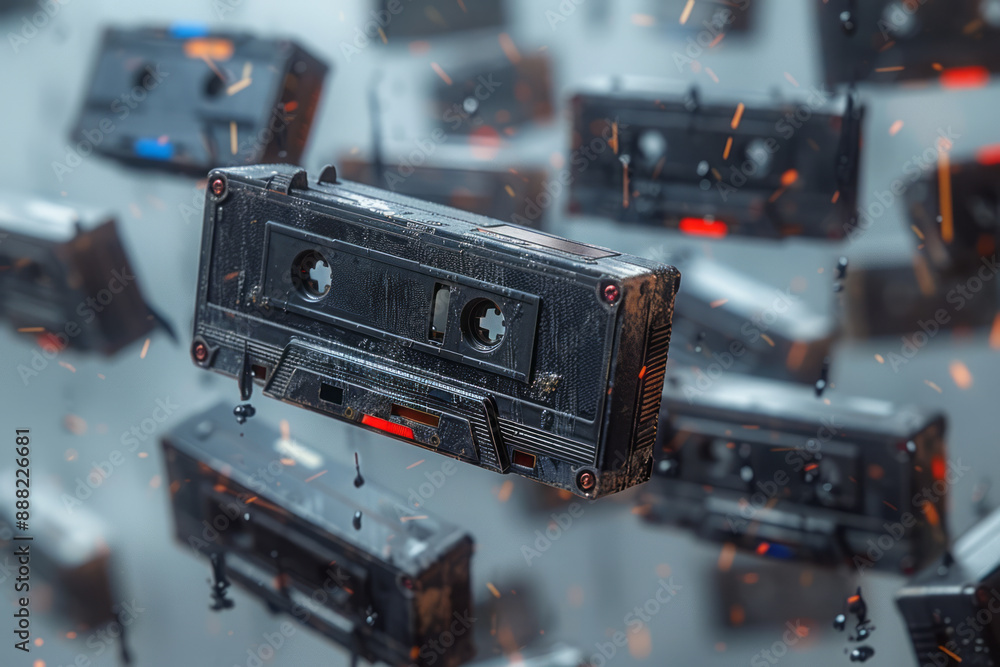 Aufkleber an abstract background with floating cassette tapes forming delicate, intricate patterns, against a 