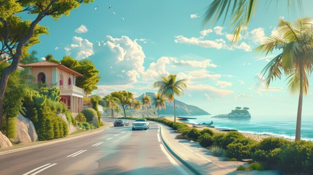 car driving on the road of Europe. road landscape in summer. it's nice to drive on the beachside highway
