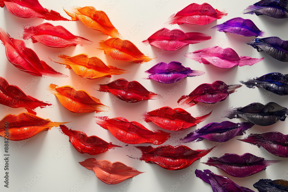 Poster an abstract composition of floating lip prints forming a spiral pattern, on a plain white background