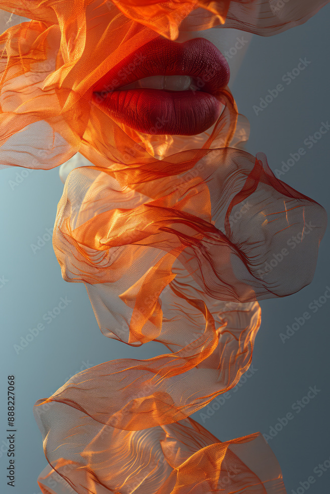 Poster an abstract art background with floating lip prints creating a sense of movement, on a solid gray ba