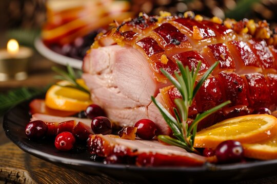 beautifully glazed ham garnished with rosemary, orange slices, and cranberries, rich and festive colors for Christmas