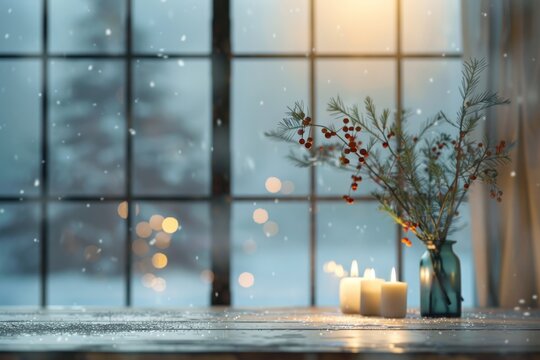 Winter window landscape and empty xmas table with blurred background