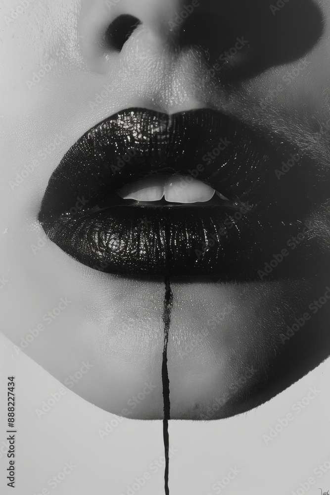 Poster a minimalist depiction of a single lip print with its edges dissolving into abstract shapes, set aga