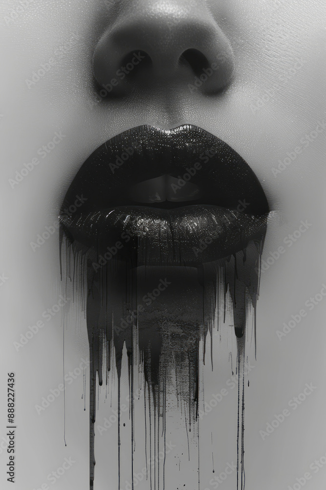 Poster a minimalist depiction of a single lip print with its edges dissolving into abstract shapes, set aga