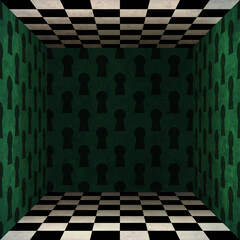 The wonderland room. Background of green walls and a chess floor.   Mad Tea party. Colorful background for photo shoots and parties